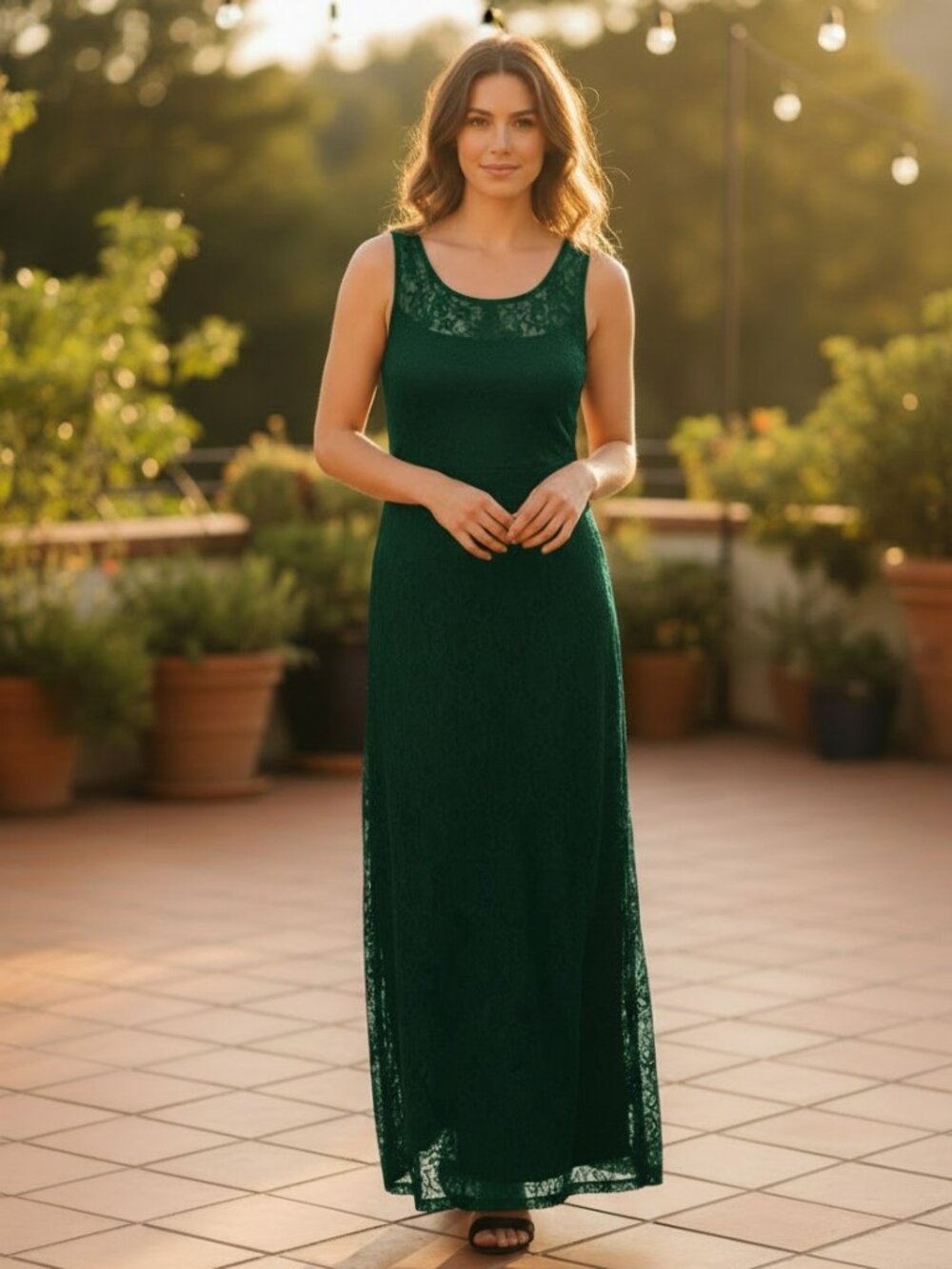 Emerald Green Lace Sleeveless Maxi Dress